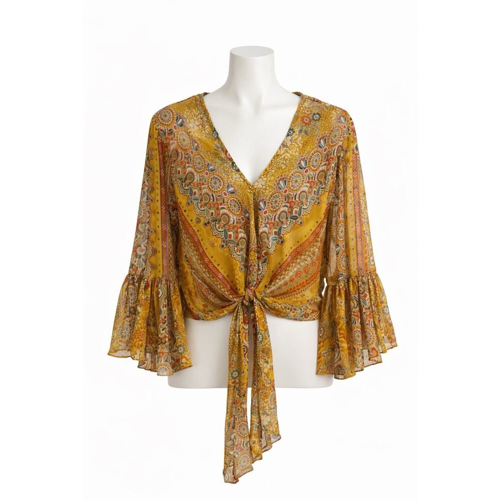 Turquoise Haven Boho Tie Front Blouse S/M Paisley Bell Sleeve Rayon Top